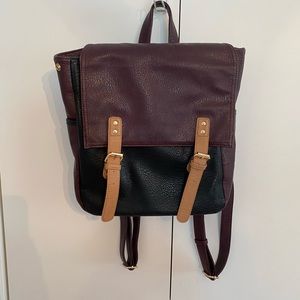 Faux Leather Burgundy and Black backpack with brown and gold accents